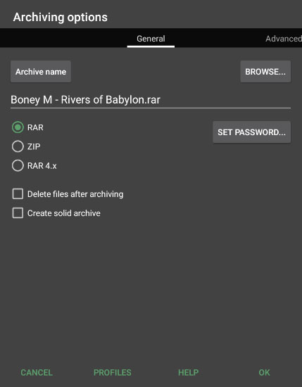 rar apk archiving options