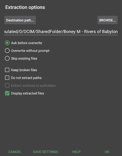 extraction options for Android win rar